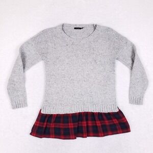 Blu Pepper Mixed Media Plaid Peplum Sweater Medium Gray Red‎ Preppy Layered Look